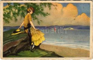 1929 Lady at the beach. Italian art postcard. 669-6. (fl)