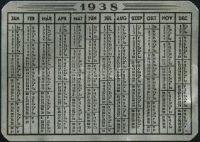 1938 Csonka gépgyár fém kártyanaptár. Enyhén hullámos. 9,6x6,7 cm