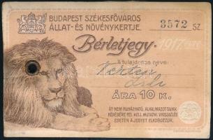 1917 Fényképes bérletjegy Budapest Székesfőváros Állat- és Növénykertjébe, jó állapotban, plasztik t...