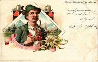1899 Grüass Gott! Serie oberbayrischer Volkstypen in 6 Bildern. / Bavarian folklore. Lith. Kunstanstalt Heinr. & Aug. Brüning Art Nouveau, floral, litho (fl)