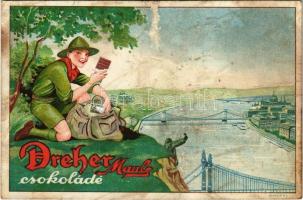 Dreher Maul csokoládé reklámlapja, cserkész a Gellért-hegyen / Hungarian chocolate advertisement card with boy scout (szakadás / tear)