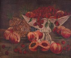 Romek jelzéssel: Csendélet gyümölcsökkel. Olaj, vászon, sérült fa keretben, 40x50 cm