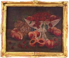 Romek jelzéssel: Csendélet gyümölcsökkel. Olaj, vászon, sérült fa keretben, 40x50 cm