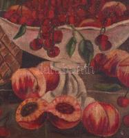 Romek jelzéssel: Csendélet gyümölcsökkel. Olaj, vászon, sérült fa keretben, 40x50 cm