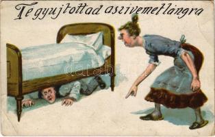 Férj-feleség humor / Husband-wife humour, husband hiding under the bed, litho. W.S.S.B. 155. litho (EB)