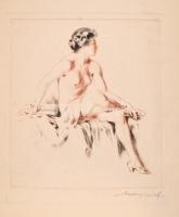 Merényi Rudolf (1893-1957): Ülő női akt. Színes rézkarc, karton, jelzett, szélein sérült, rézkarc ép, 22x20 cm