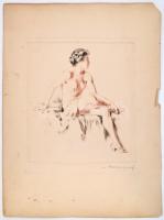 Merényi Rudolf (1893-1957): Ülő női akt. Színes rézkarc, karton, jelzett, szélein sérült, rézkarc ép...