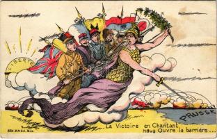 1915 La Victoire en Chantant nous ouvre la barriere / WWI Entente Powers caricature, mocking art postcard s: Jean dAurian (fl)