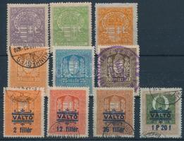 24 illetékbélyeg, közte 3 db lakásügyi és 4 db váltó