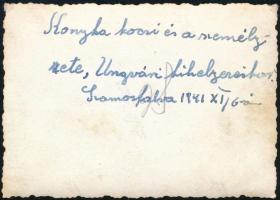 1941 Konyhakocsi és személyzete az ungvári kihelyezéskor Szamosfalván, feliratozott fotó, 6×8 cm