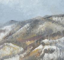 Nemes Béla (1912-1972): Havas hegyvidék. Olaj, karton, jelzés nélkül, hátoldalán a művész lánya ered...