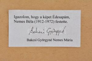 Nemes Béla (1912-1972): Havas hegyvidék. Olaj, karton, jelzés nélkül, hátoldalán a művész lánya ered...