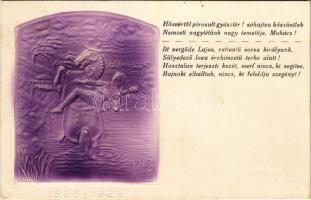 1526-1926 Mohács, II. Lajos a Csele-patakba fullad. A mohácsi vész 400. évfordulója emlékére kiadott dombornyomott lap. Kiss Gy. domborműve. Szeiler vésnök. Emb. (EK)