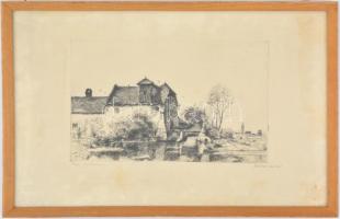 Boldizsár István (1897-1984): Pap malom. Rézkarc, papír, foltos, jelzett, üvegezett fa keretben, 18,...