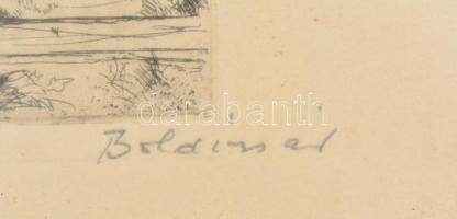 Boldizsár István (1897-1984): Pap malom. Rézkarc, papír, foltos, jelzett, üvegezett fa keretben, 18,...