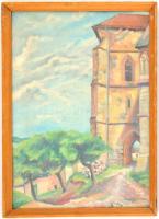 Jelzés nélkül: Torony.Olaj, karton, üvegezett, kopott fa keretben, 48×33 cm