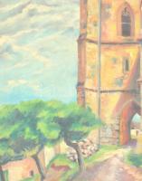 Jelzés nélkül: Torony.Olaj, karton, üvegezett, kopott fa keretben, 48×33 cm