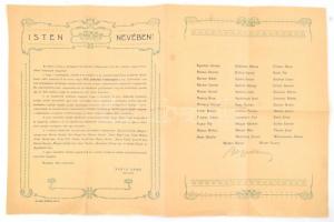 1903 Bp., Vicces kötelezvény a Budapesti Kereskedelmi Akadémián végzett növendékek számára, aláírásokkal