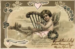 1905 Angel plays on harp. Art Nouveau, floral, Emb. litho (EK)