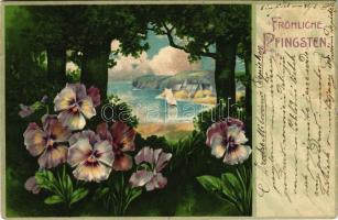 1903 Fröhliche Pfingsten! / Pentecost greeting card with flowers and seashore. Emb. litho
