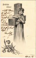 1904 Fröhliche Ostern! / Easter greeting card with girl and cross. Aurora S. 2051/3.