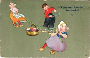 1911 Kellemes Húsvéti Ünnepeket! / Easter greeting card with children and eggs. 7041. litho (kis szakadás / small tear)