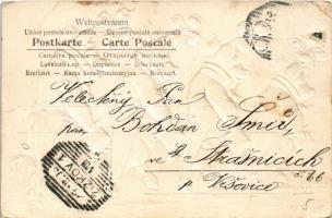 1903 New Year greeting card, Emb. pig gentlemen with clovers and hats. (EK)