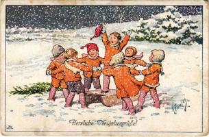 Herzliche Neujahrsgrüße! / New Year greeting art postcard, children in the snow with sled, winter sport. B.K.W.I. 3207-6. s: K. Feiertag (fl)