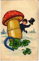 1941 Boldog Újévet! / New Year greeting with chimney sweeper, mushroom, clovers and horseshoe (EB)
