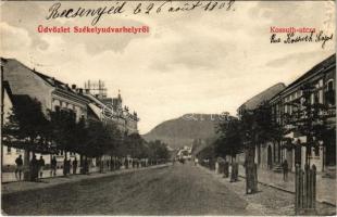 1908 Székelyudvarhely, Odorheiu Secuiesc; Kossuth Lajos utca, üzletek. Válentsik és Günther utóda kiadása 71. / street view with shops