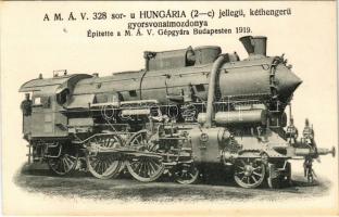 A MÁV 328 sorozatú HUNGÁRIA (2-C) jellegű, kéthengerű gyorsvonatmozdonya. Építette a MÁV (Magyar Királyi Államvasutak) Gépgyára Budapesten 1919. Kiadja a Gőzmozdony Vasút- és Erőgépszaklap / Hungarian State Railways express train