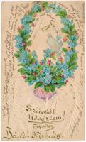 1905 Flowers with dove. Romantic Emb. floral, litho