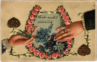 1908 Romantic Emb. floral, litho greeting card