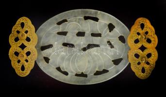 Gyöngyház berakásos kínai ékszertartó, festett fa, plüss betéttel, gravírozott réz veretekkel, jelze...