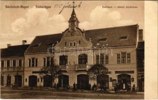 Szászrégen, Reghin; Városi tanácsház, lisztraktár, Fritsch és Emil Wermesch. üzlete / town hall, shops