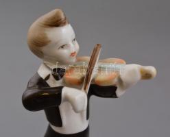 Hollóházi hegedűs kisfiú, kézzel festett, jelzett, hibátlan, m: 14,5 cm