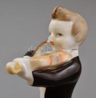 Hollóházi hegedűs kisfiú, kézzel festett, jelzett, hibátlan, m: 14,5 cm