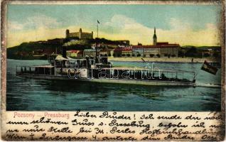 1905 Szamos monitor Pozsonynál, Dunai Flottilla. Bediene dich allein / Donauflottille / Hungarian Danube Fleet river guard ship in Pressburg (Bratislava)