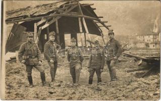 1918 Primolano, WWI K.u.K. destroyed military post with soldiers. photo + K.u.K. Bahnhofkommando Primolano