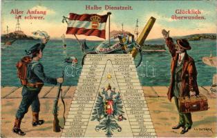 K.u.K. Kriegsmarine SMS Viribus Unitis. Aller Anfang ist schwer. Halbe Dienstzeit. Glücklich überwunden / Austro-Hungarian Navy calendar with mariner. C. Fano Pola 1913/14. No. 104. s: Ed. Dworak (Rb)