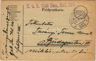 1918 Tábori Postai Levelezőlap / WWI Austro-Hungarian K.u.K. military field postcard / Feldpostkarte + &quot;K.u.K. Geb. San. Kol. 205.&quot; &quot;K.u.K. FELDPOSTAMT 385&quot; (EK)