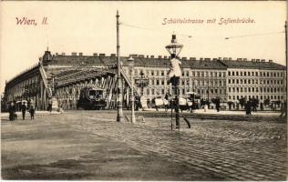Wien, Vienna, Bécs II. Schüttelstrasse mit Sofienbrücke / street, bridge, tram, man standing on a ladder while repairing a street lamp