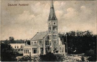 1923 Aszód, templom főhomlokzata felállványozva a tatarozási munkálatokhoz
