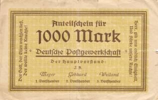 Német Birodalom/Weimari Köztársaság/München/Deutsche Postgewerkschaft 1923.1.1. 1000M T:III/IV