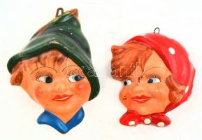 cca 1940 Fiú és leány fej. Mázas kerámia fali dísz. Kézzel festett, jelzés nélkül, egyik sérült. 13 cm, 16 cm