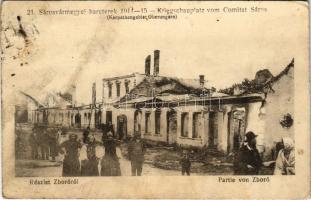 Zboró, Zborov; utcai részlet, romok. 21. Sárosvármegyei harcterek 1914-15. D.K.F.E. 1916. Fritz Antal kiadása / Partie von Zboró. Kriegschauplatz vom Comitat Sáros / WWI street view after attack, ruins (fl)