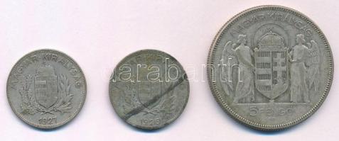 1926-1927. 1P Ag (2xklf) + 1930. 5P "Horthy Jobbra" Ag T:2-,3 patina