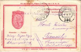 1917 K.u.K. I. R. Nr. 23. / A 23. honvéd gyalogezred jelvény képe tábori postai levelezőlapon / WWI Austro-Hungarian K.u.K. military, 23th Infantry Regiment badge on a military field postcard + K.u.K. Infanterieregiment No. 23. XXVII Marschkompagnie K.u.K. ETAPPENPOSTAMT 256 (EB)
