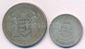 1930. 5P "Horthy Jobbra" Ag + 1936. 2P Ag "Liszt Ferenc" T:2-,3 patina
Adamo P7...