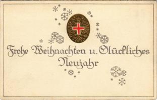 Frohe Weihnachten u. Glückliches Neujahr! Offizielle Karte für Rotes Kreuz, Kriegsfürsorgeamt, Kriegshilfsbüro Nr. 293. / WWI Austro-Hungarian K.u.K. military charity card, Christmas and New Year greeting, Emb. coat of arms